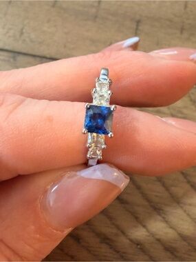 Blue Sapphire and Clear Stone Sterling Ring - Elegant Women's Jewelry